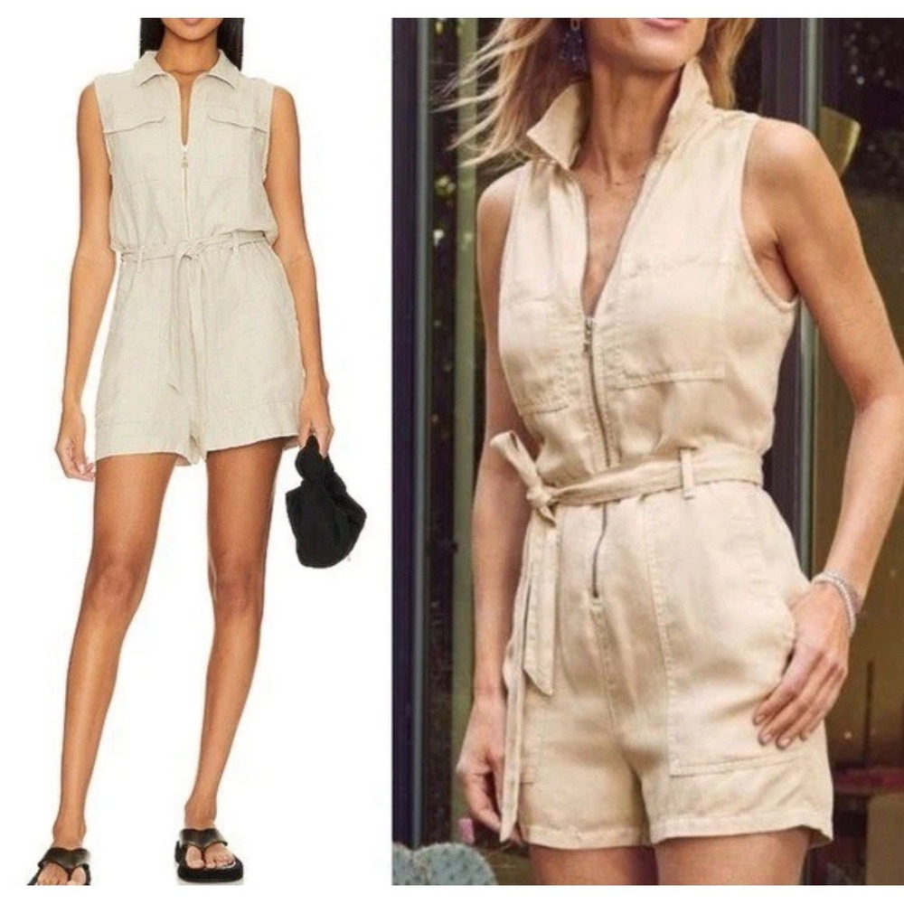 Bella Dahl Women Light Beige Cargo Utility Zip Front‎ Belted Shorts Romper XS